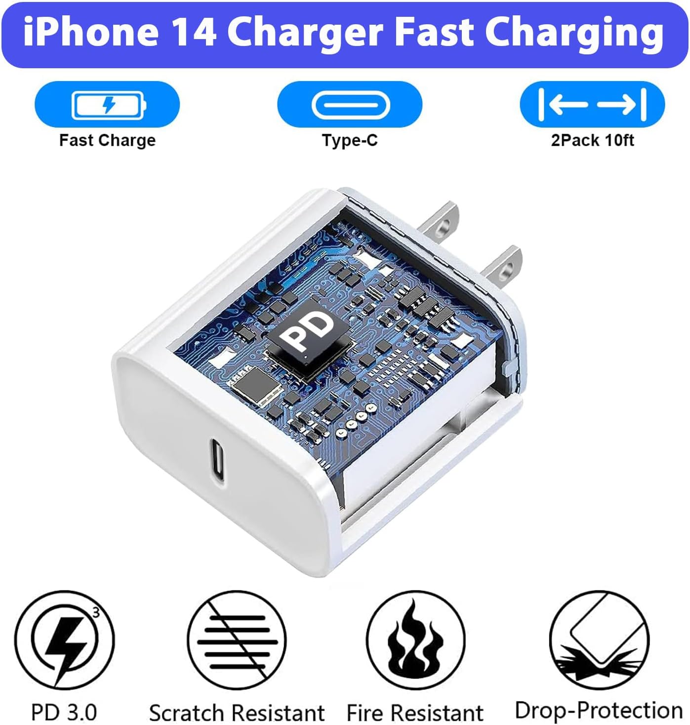 10FT iPhone Fast Charger,2Pack[Apple MFi Certified]iPhone Fast Charging USB C Blocks Wall Charger PD Adapter with Long 10 Foot USB C to Lightning Cable for i Phone14/13/12/11Pro Max/XS/SE/AirPods,iPad