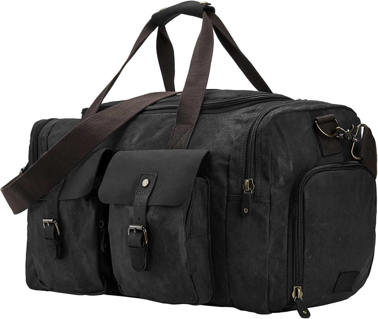 Waxed Canvas Vintage Overnight Duffel Weekend Travel Bag Waterproof For Men Women with Shoes Compartment (Black)