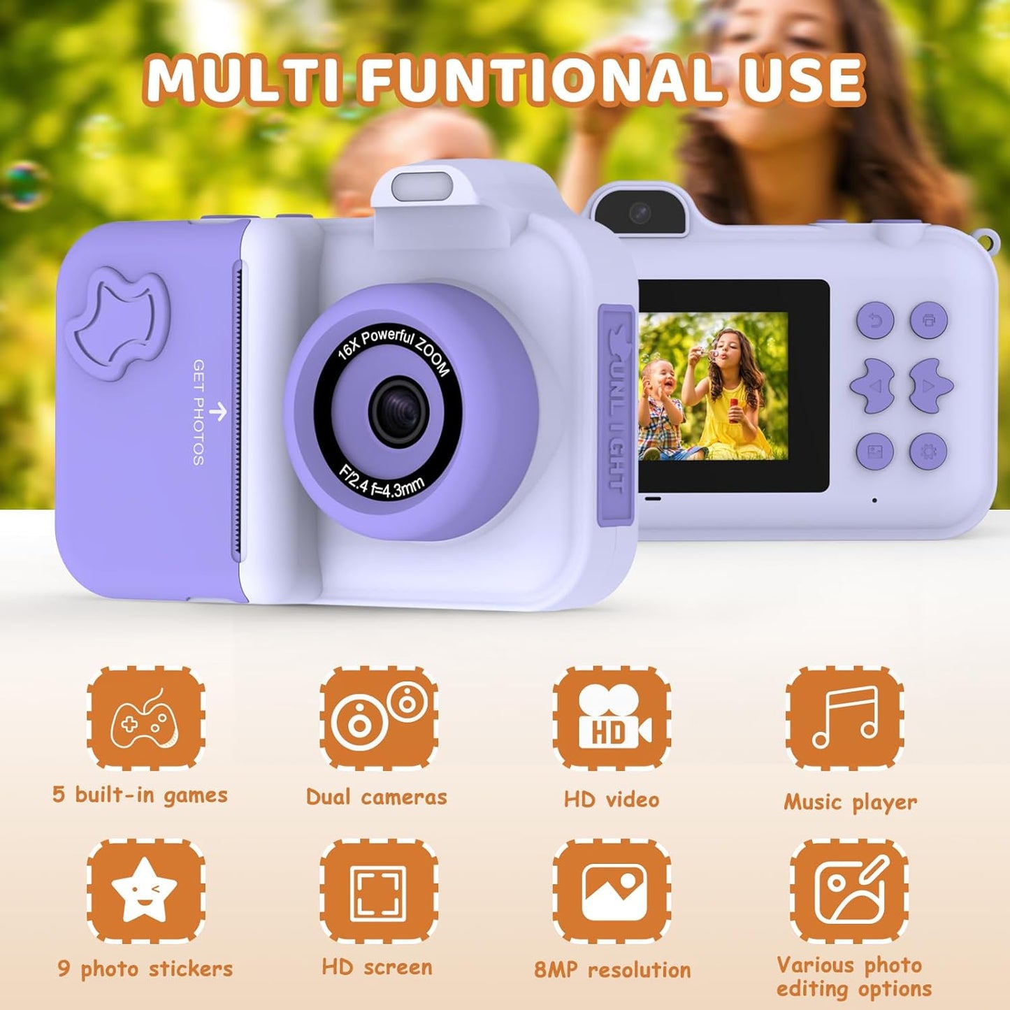 Kids Camera Instant Print, Christmas Birthday Gifts Toys for Girls Boys Age 4 5 6 7 8 9 10 11 12 Years Old,1080P HD Dual-Lens Selfie Digital Camera with 5 Rolls Print Paper Stickers Pens & 32G Card
