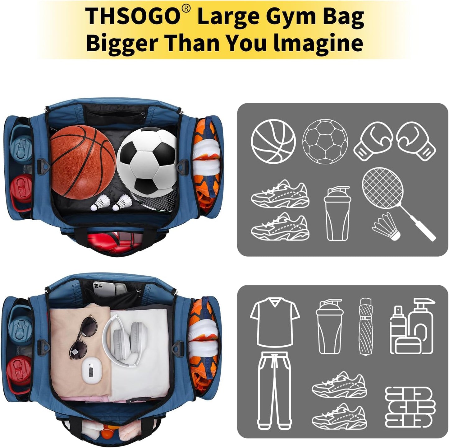 22 inch Gym Bag for Men - 55L Large Travel Duffle Bag Sports Equipment Bag with Multiple Zippered Pockets,Outdoor Workout Duffle Bag for Overnight Weekend - Blue