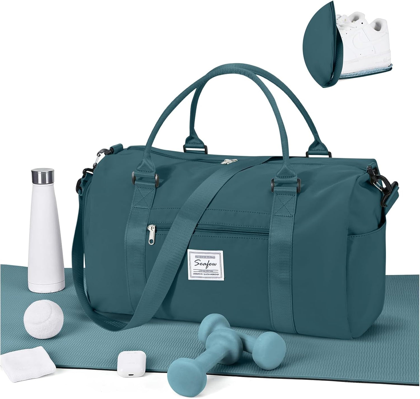 Gym Bag for Women Men with Shoes Compartment,Sports Duffle Bag Personal item travel Duffel Bags Tote Bag Small Carry on Weekender Overnight Bag Workout Dance Bag Hospital Holdalls Peacock Blue