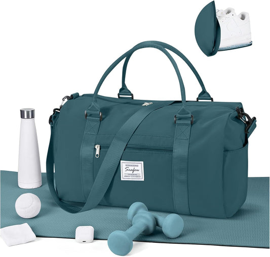 Gym Bag for Women Men with Shoes Compartment,Sports Duffle Bag Personal item travel Duffel Bags Tote Bag Small Carry on Weekender Overnight Bag Workout Dance Bag Hospital Holdalls Peacock Blue