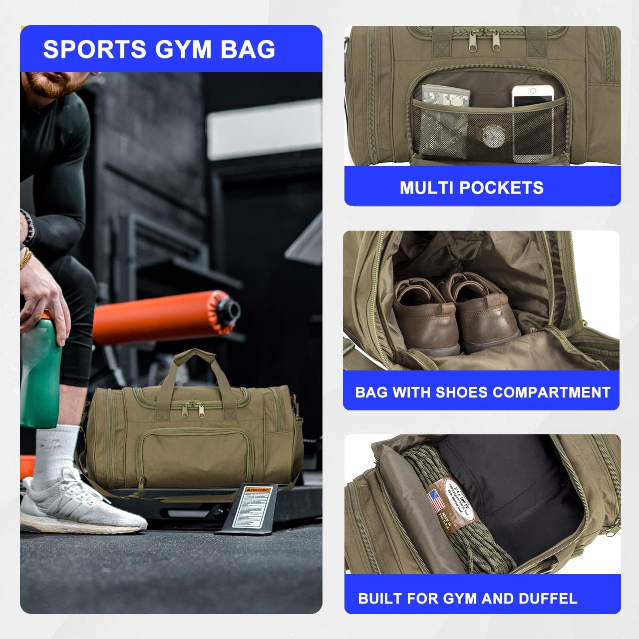 Gym Bag Duffle Bags for Men Women with Shoes Compartment Sport Weekend Travel Overnight Carry On Bag for Tactical Military Travel Work Out Bags (Green)