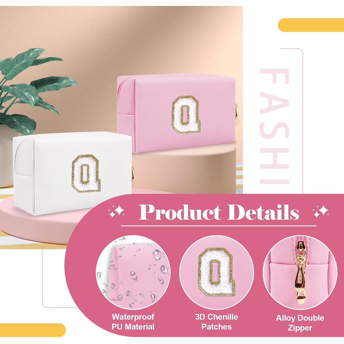 Personalized Initial A-Z Preppy Patch Makeup Bag,Small PU Chenille Letter Cosmetic Bag with Zipper for Teen Girls,Pink Cute Toiletry Organizer Bag,Monogram Makeup Case Gift for Women Girls,Letter Q