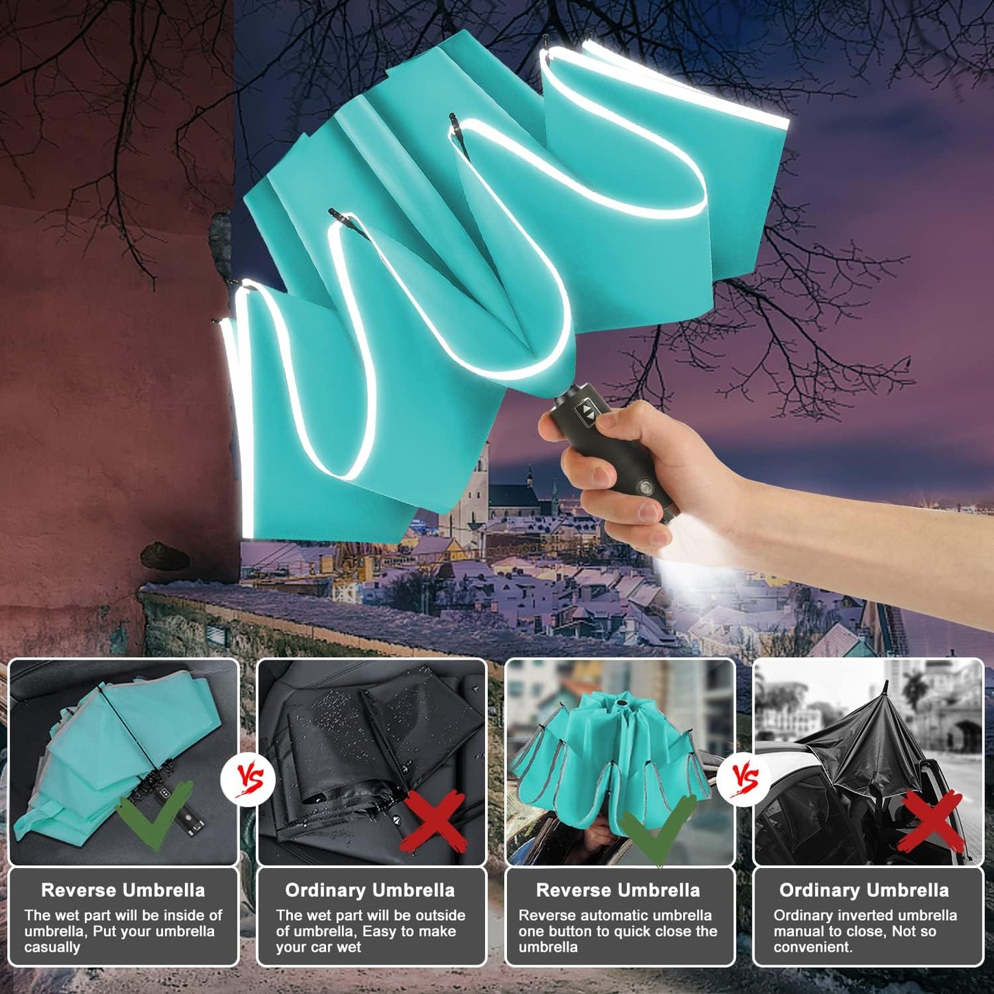 Lejorain Travel Folding Inverted Umbrella - Reverse LED Umbrellas Automatic Open and Close - Reflective Collapsible Reversible Umbrella