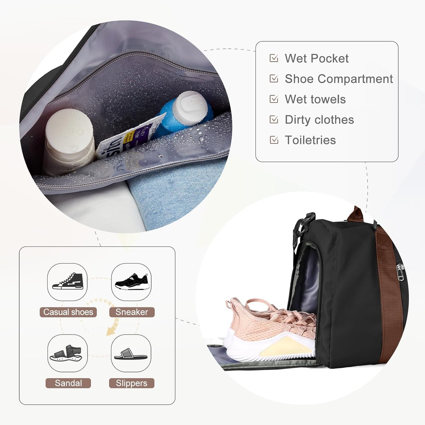 Gym Bag for Women with Shoes Compartment,Small Duffel Bag Sport bag with Toiletry Bag Overnight Travel Tote Bags Weekender Carry on Bag Personal Item Bags for Airlines Black Brown