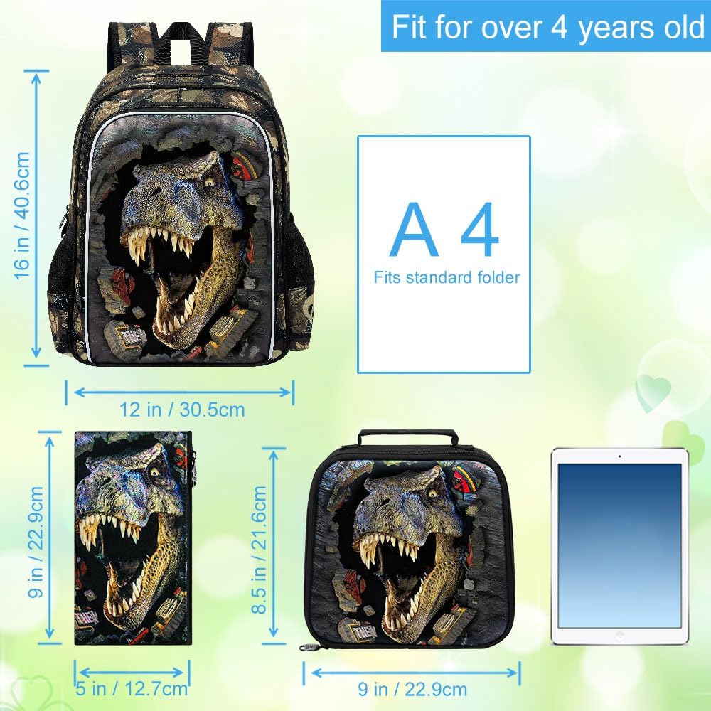 16" Dinosaur Backpack for Boy, 3Pcs Kids School Bookbag for Elementary Preschool Kindergarten, School Backpacks with Lunch Box(Black)