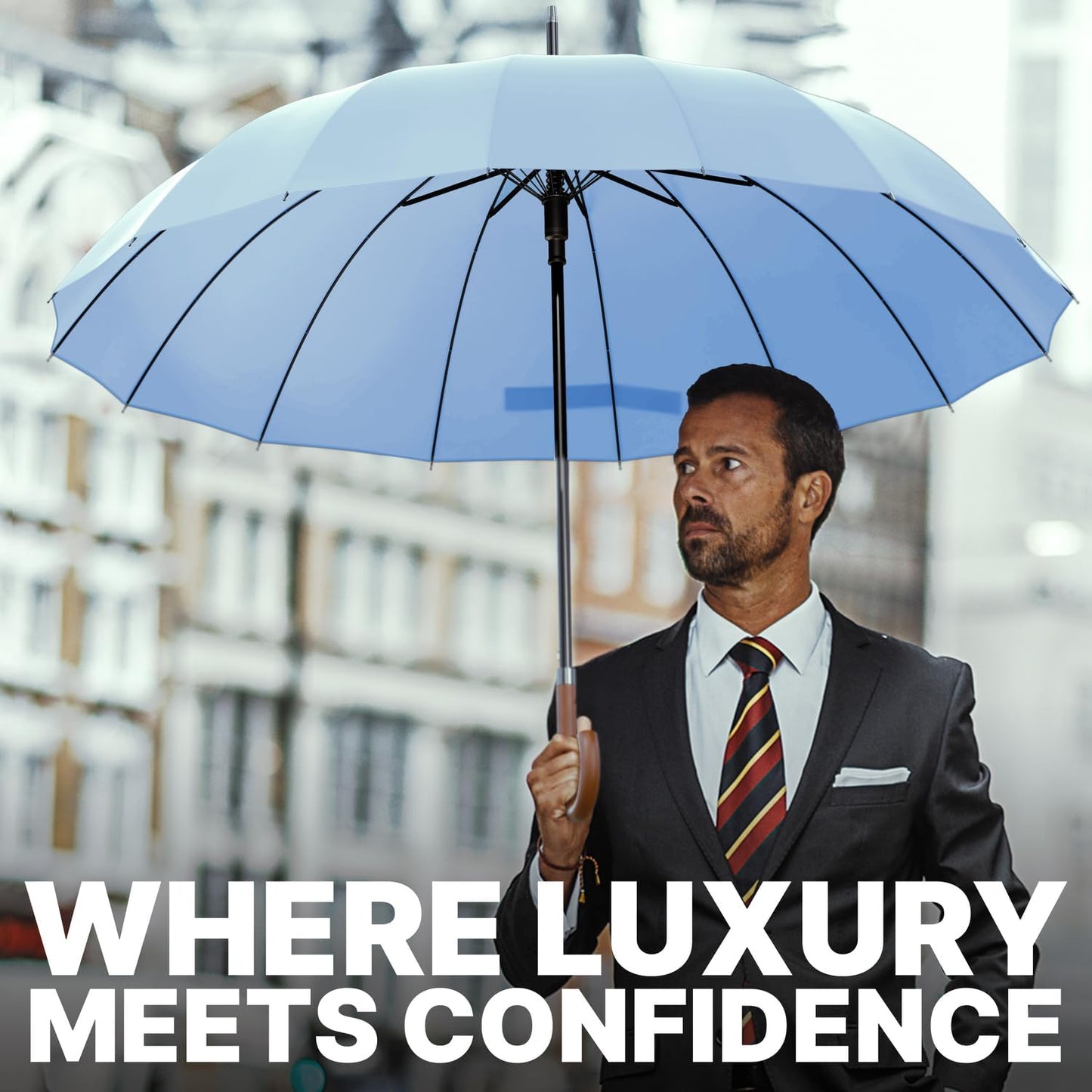 Royal Walk Windproof Large Umbrella for Rain 54 Inch Automatic Open for 2 Persons Wind Resistant Big Golf Umbrellas for Adult Men Women Classic Wooden Handle Fast Drying Strong 16 Ribs Travel 120cm