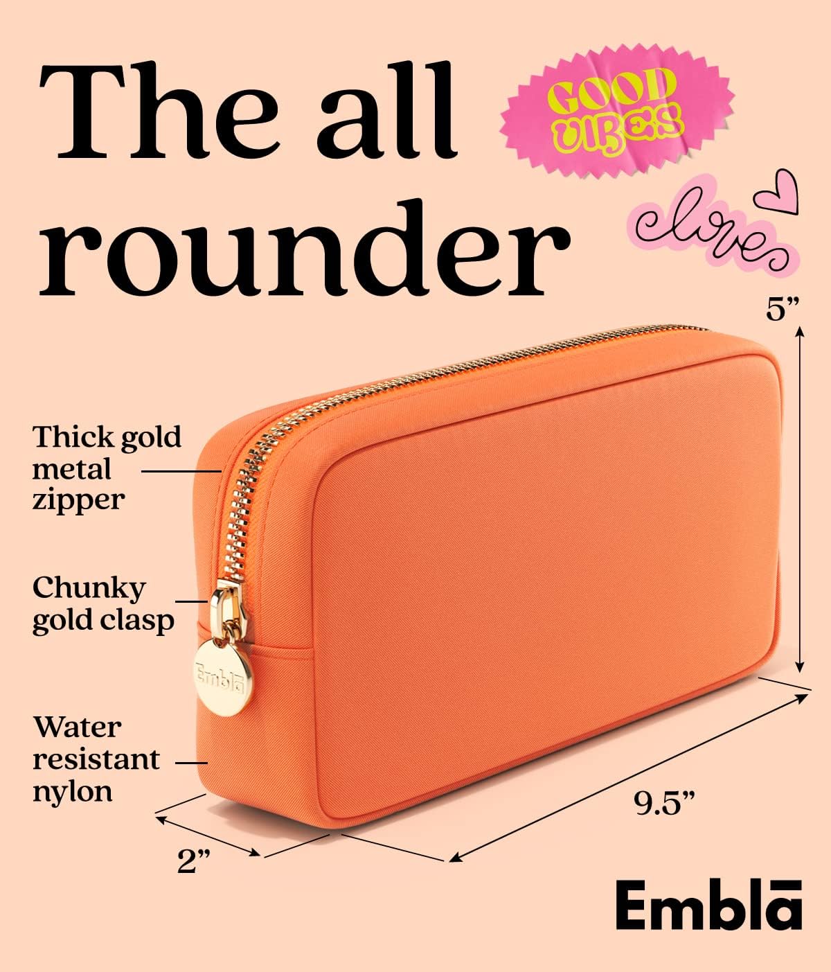 Embla Makeup Bag Travel Cosmetics Pouch and Toiletry Bag, Nylon Zipper Pouch Purse, Cute Make Up Organizer Storage Tote for Women Girls, Waterproof Travel Skincare Case, Small Makeup Bags, Peach