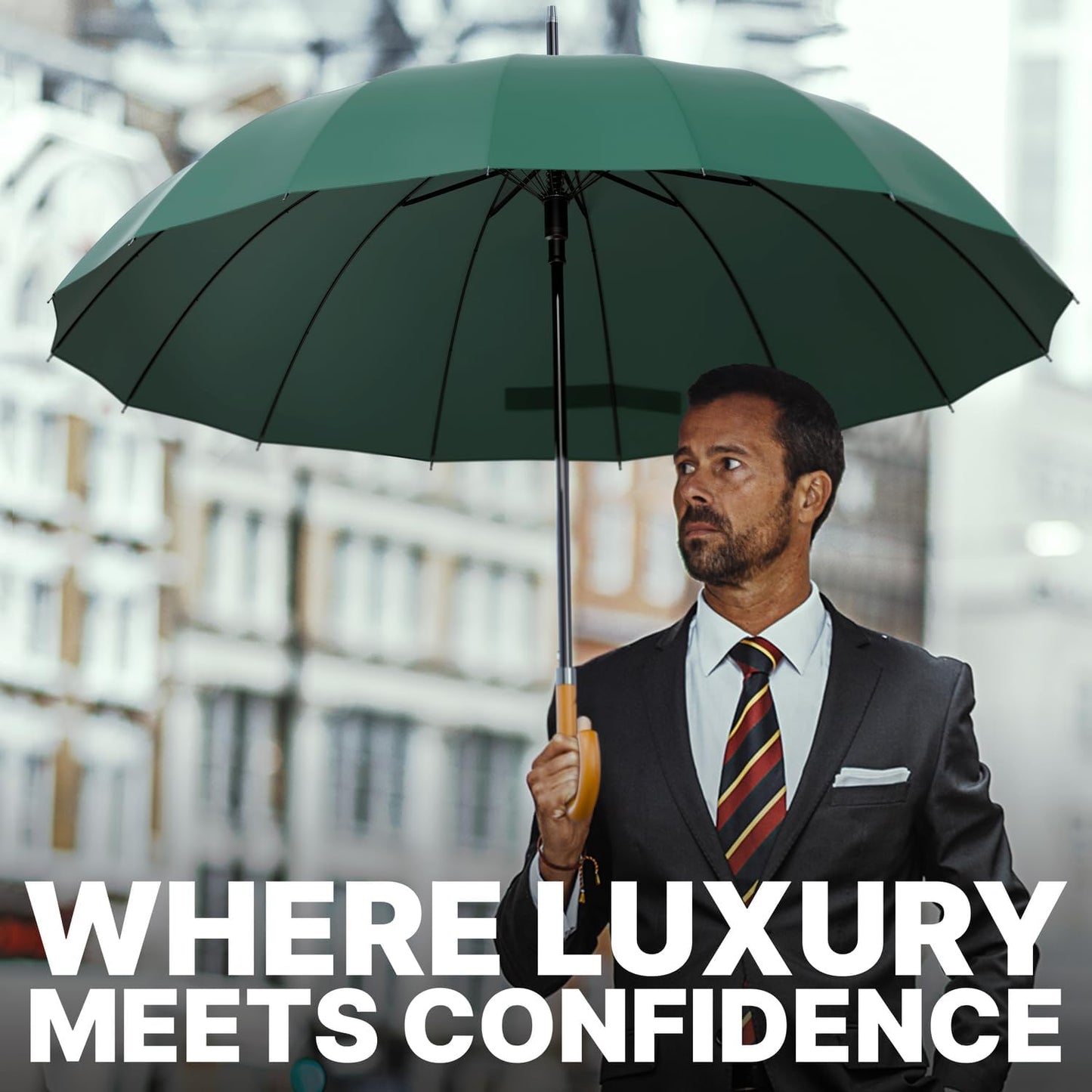 Royal Walk Windproof Large Umbrella for Rain 54 Inch Automatic Open for 2 Persons Wind Resistant Big Golf Umbrellas for Adult Men Women Classic Wooden Handle Fast Drying Strong 16 Ribs Travel 120cm