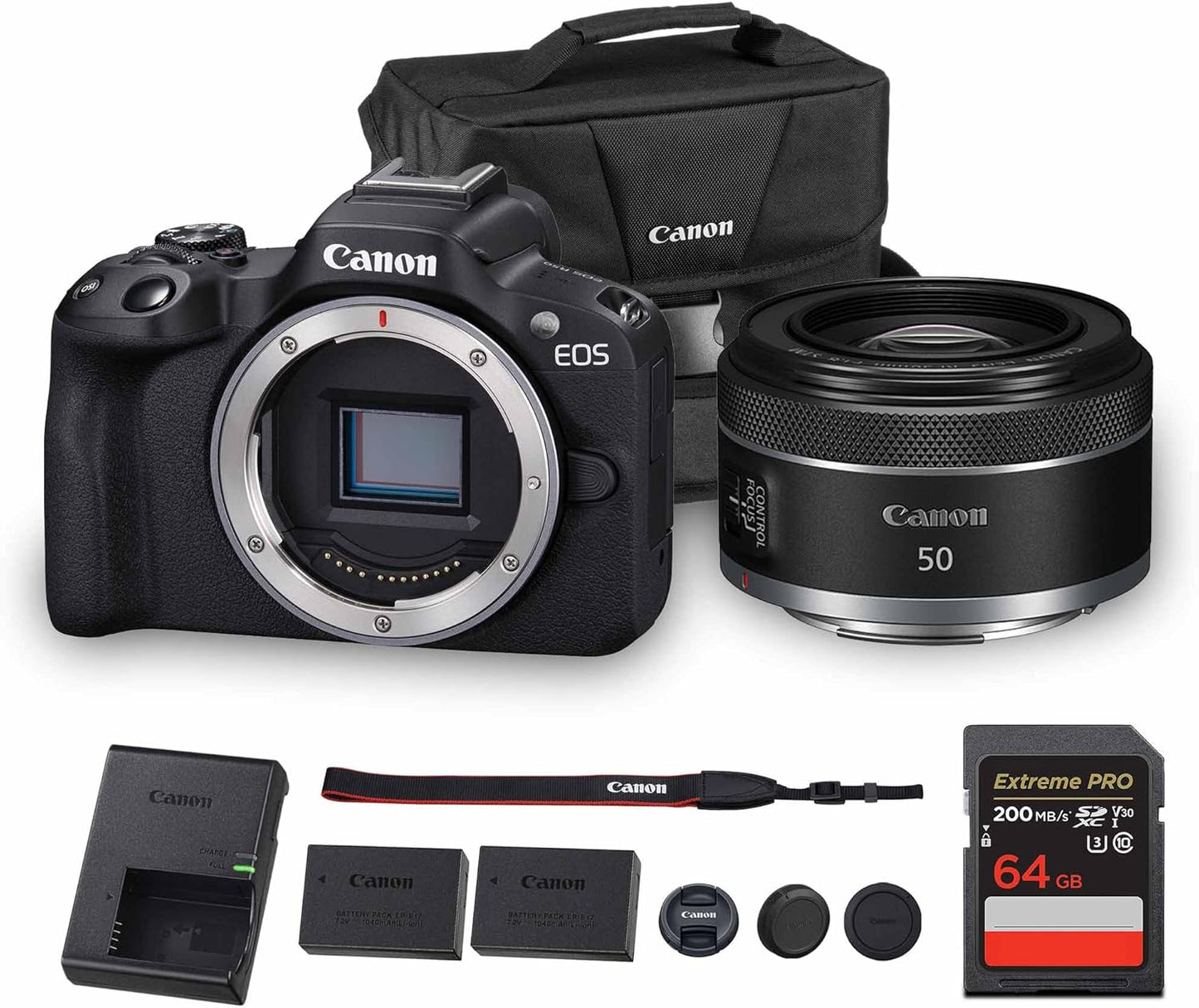 Canon EOS R50 Mirrorless Camera | 24.2MP APS-C, 4K 30p Video, Dual Pixel AF II, 15fps Burst, Vari-Angle Screen, Compact Beginner Vlogging Camera + Canon RF 50mm f/1.8 STM Lens + 64GB Card + More