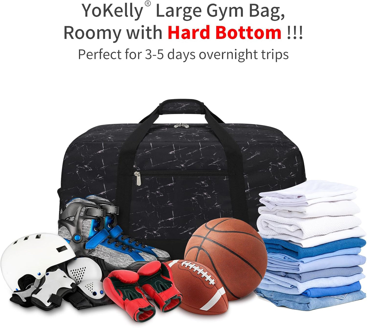 55L Mens Duffle Bag for Travel - 25 inch Sports Duffel Bag with Hard Bottom - Marble Black