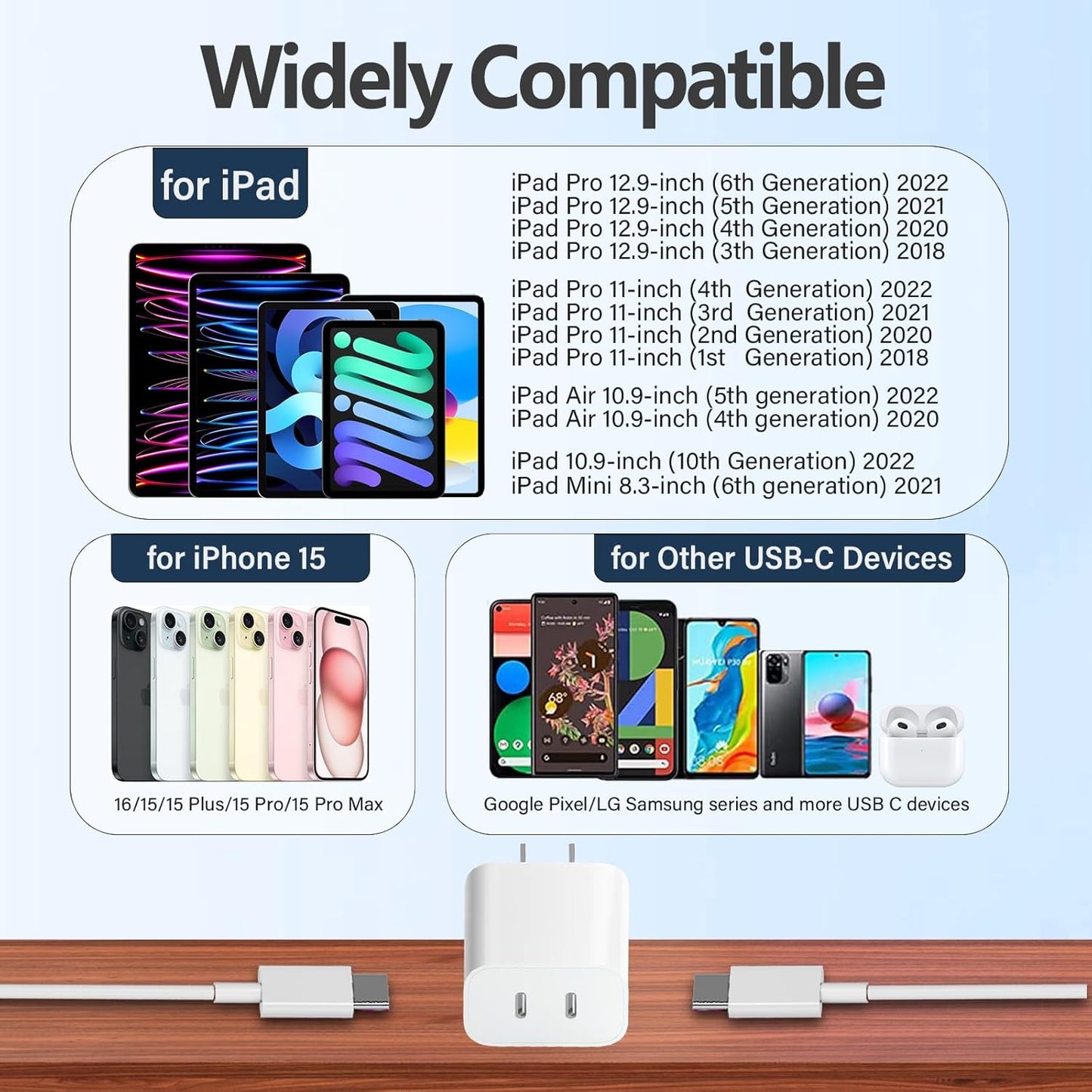 10ft Cable for Apple iPhone 16 15 Charger, Dual C Fast Charging, 2in1 Double C Fast Charge Block with Long USB C to C Charge Cord for iPhone 16 Pro Max/16 Pro/16/16E, 15 Pro Max/15 Pro/15 Plus, 2Pack