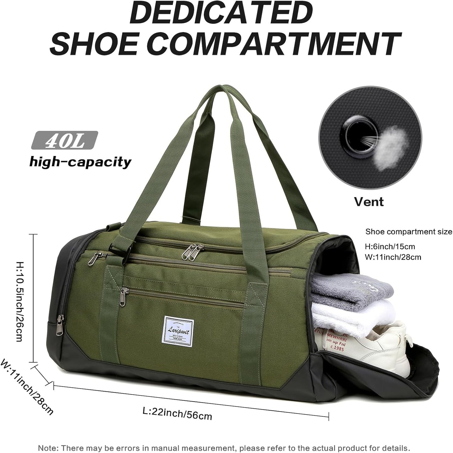 Laripwit Travel Duffle Bag for men 40L Medium Sports Gym Bag with Wet Pocket & Shoes Compartment Weekender Overnight Backpack for Traveling Duffel Bag Backpack for Women, Green