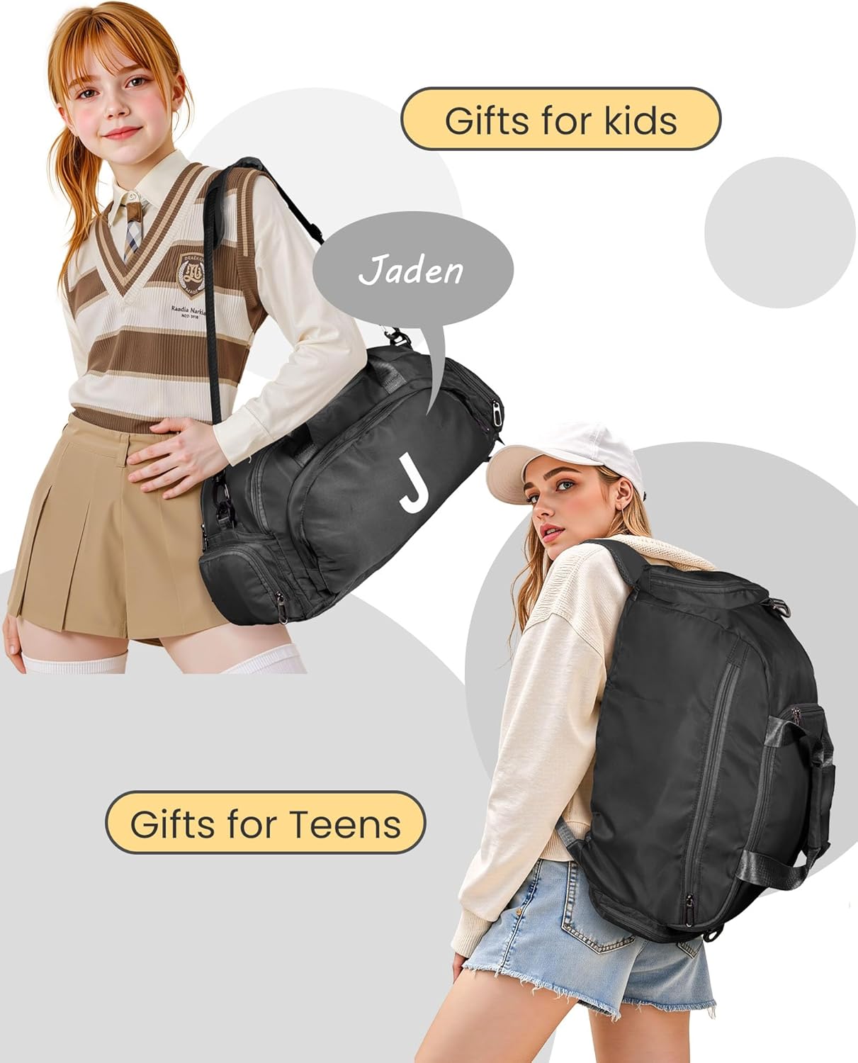 Stylish Gifts for Girls Boys Teens 12-18, Initial Gym Bags with Shoe Compartment, Dance Bag for Girls, Monogram Kid Overnight Bags, Travel Duffel-Perfect for Soccer Sport (Letter J)