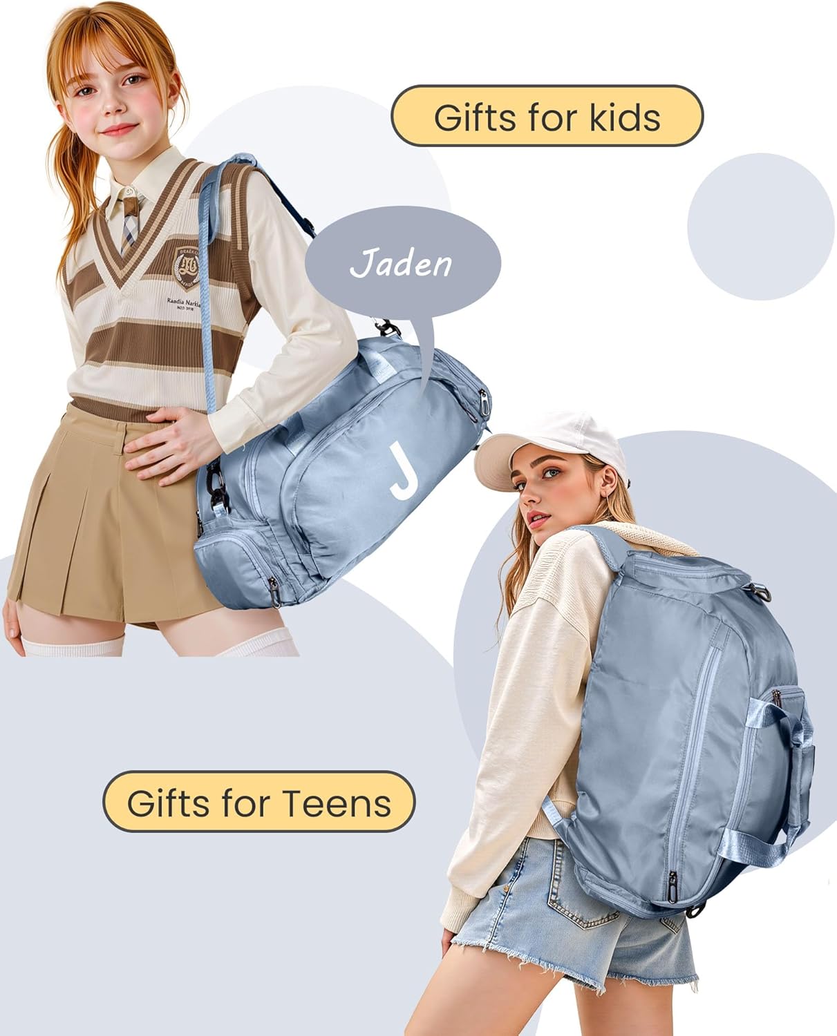 Teenage Gifts Idea, Initial Gym Bags with Shoe Compartment, Dance Bag for Girls, Monogram Kid Present Overnight Bags, Small Travel Duffle Tote-Present for Daughter Niece (Letter M)