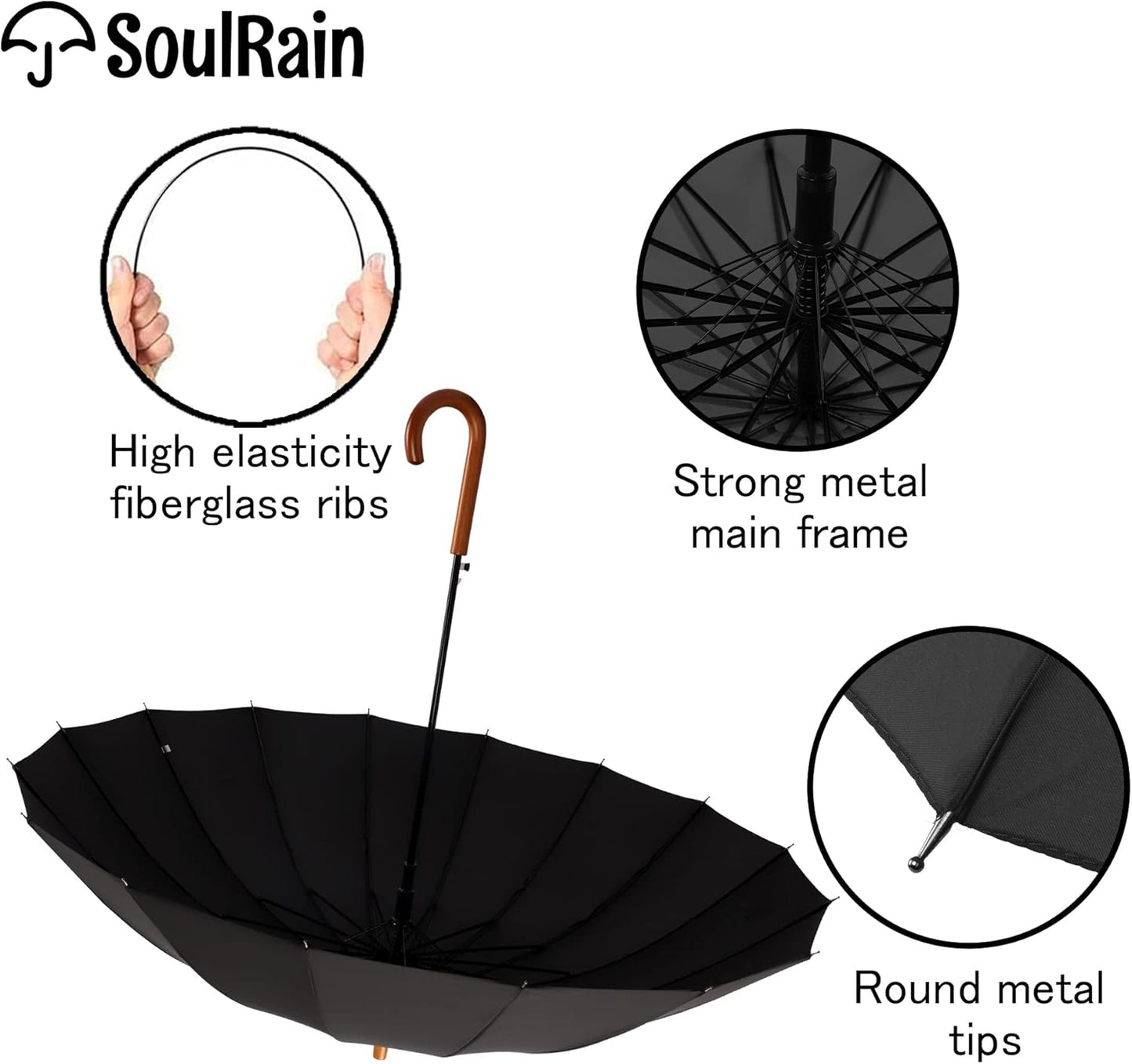 SoulRain 16 Ribs 48" Stick Umbrella Auto Open Solid Color Fashionable and Simple，Arc Classic Wood Handle，Windproof Unbreakable Stick Rain Umbrella