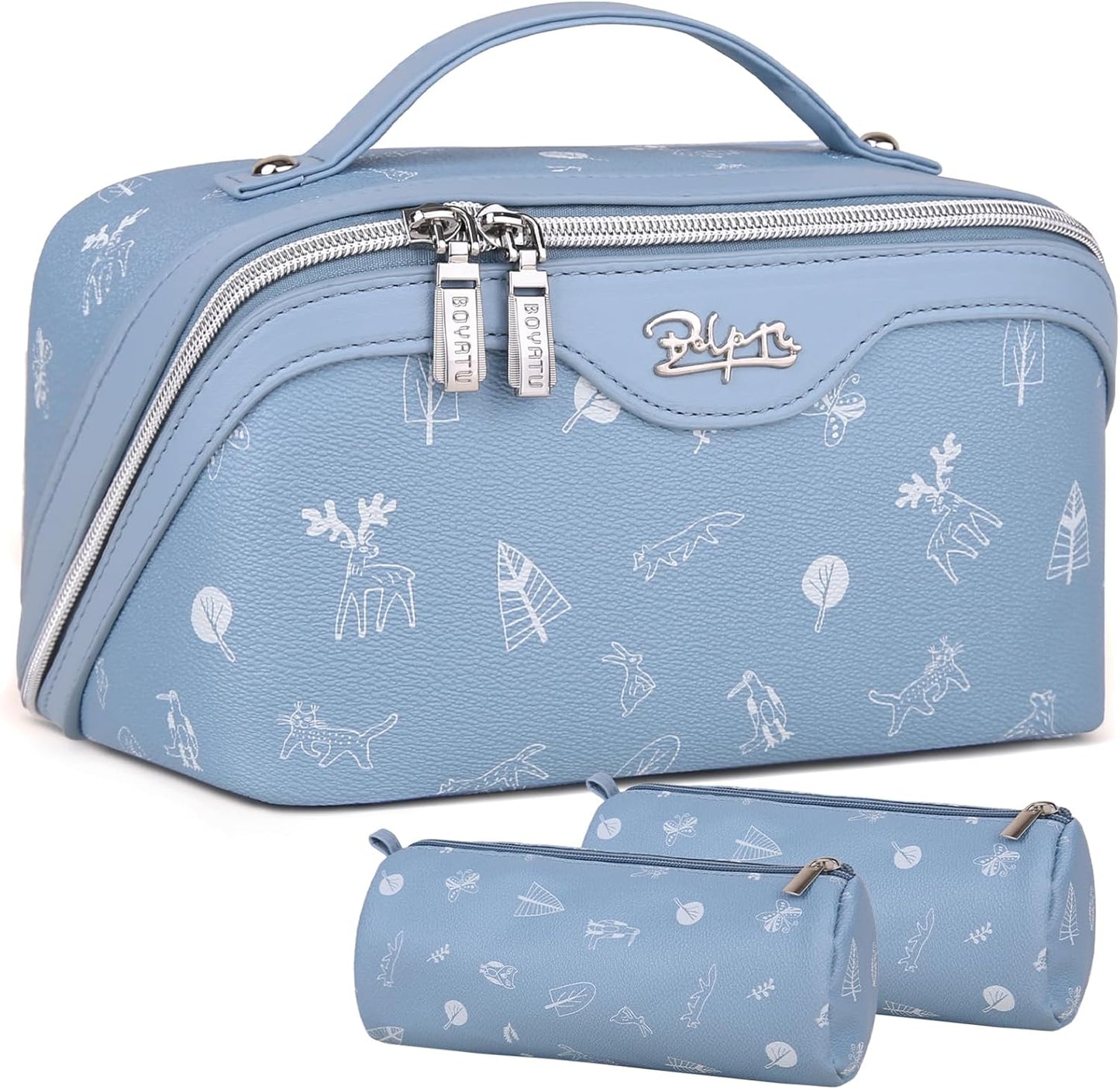 BOYATU Travel Makeup Bag Cosmetic Bags for Women: 3 Pcs Set Portable Make up Bag with Handle - PU Leather Toiletry Bags with Compartments - Makeup Organizer for Travel Essentials(L-2-Blue)