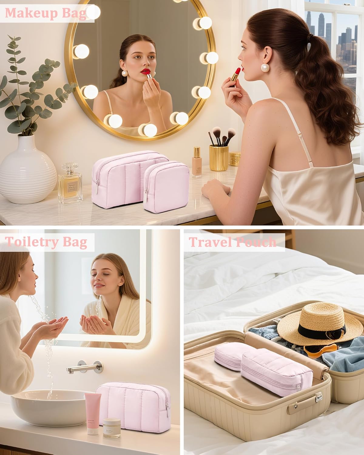 oscaurt 2 Pcs Makeup Bag Travel Toiletry Bag for Women Puffy Padded Cosmetic Pouch Purse Wide-open Makeup Organizer Case Travel Essentials