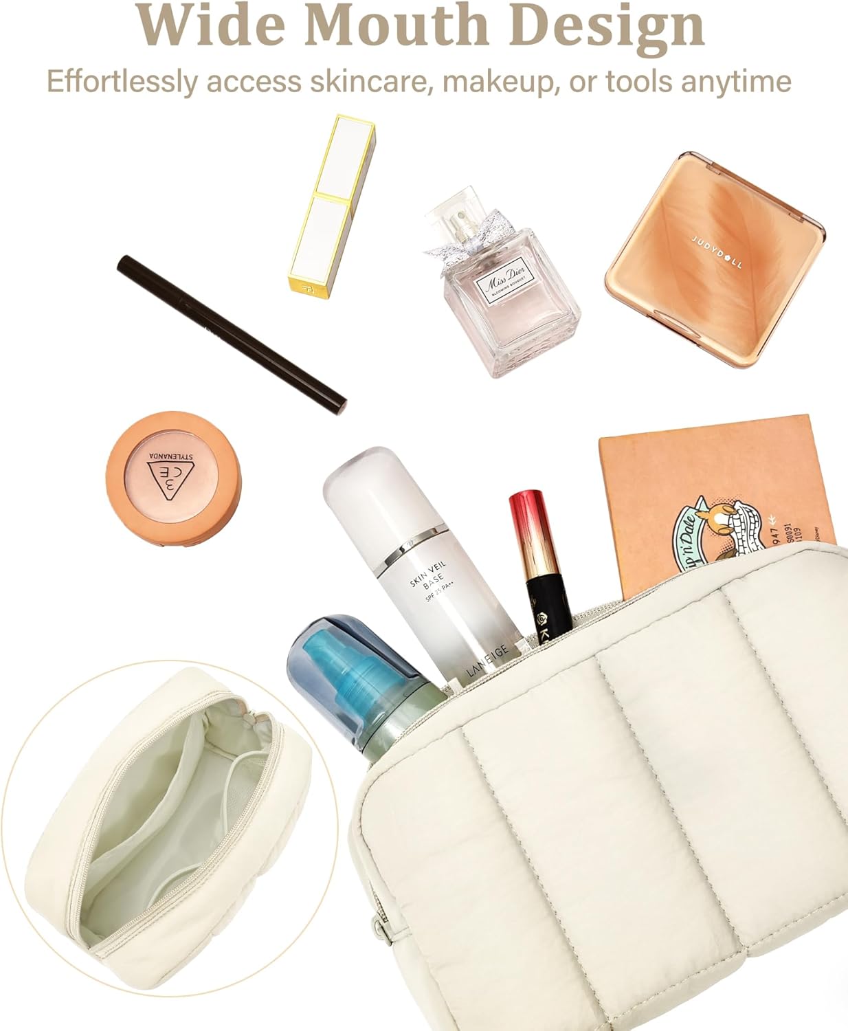 oscaurt 2 Pcs Makeup Bag Travel Toiletry Bag for Women Puffy Padded Cosmetic Pouch Purse Wide-open Makeup Organizer Case Travel Essentials