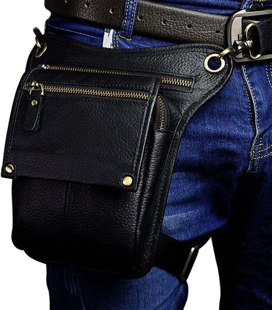 Leather Waist Pack Drop Leg Bag for Men Women Belt Bumbag Multi-Purpose Motorcycle Bike Outdoor Sports Tactical Cycling Riding Hiking Camping Pouch