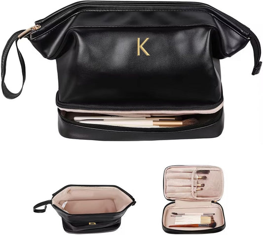 Girlfriend Gifts, Initial Large Makeup Bag, Personalized Double Layer Cosmetic Bag with Makeup Brush Organizer, Birthday Gift Bag for Women/Girl PU Leather Toiletry Bag Bridesmaids Gift