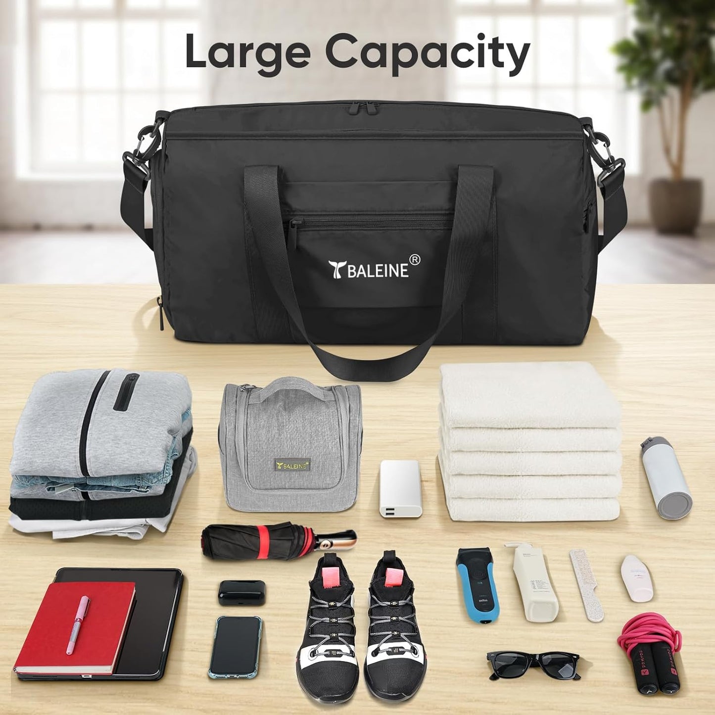 BALEINE Gym Bag for Women and Men, Duffel Bag for Sports, Gyms and Weekend Getaway, Waterproof Dufflebag with Shoe and Wet Clothes Compartments, Lightweight Carryon Gymbag (Black)