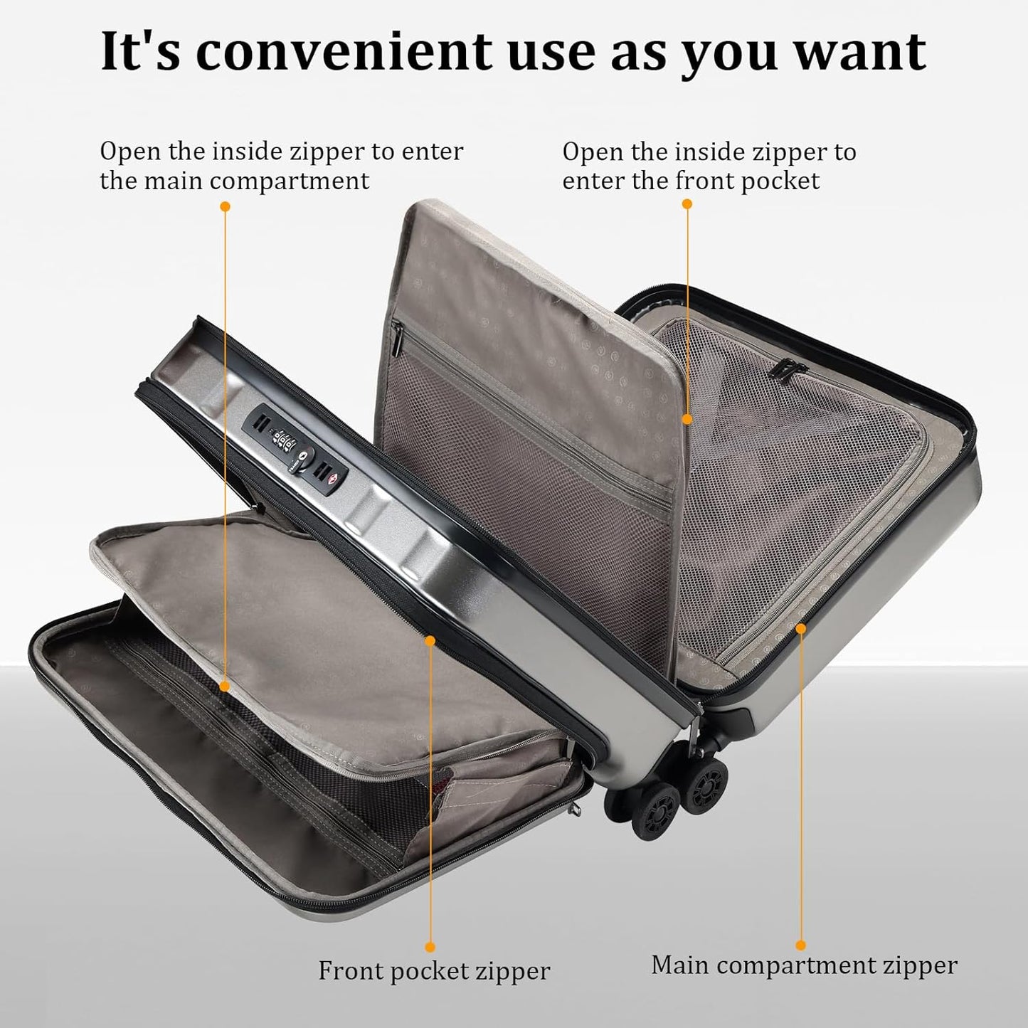 16 Inch Carry On Luggage with 2 Compartments for 14” & 15” Laptop, 16.14*8*17.12” Rolling Briefcase, Lightweight Hardshell ABS+PC Suitcase with Spinner Silent Wheels, for Business Trip, Dark Gray