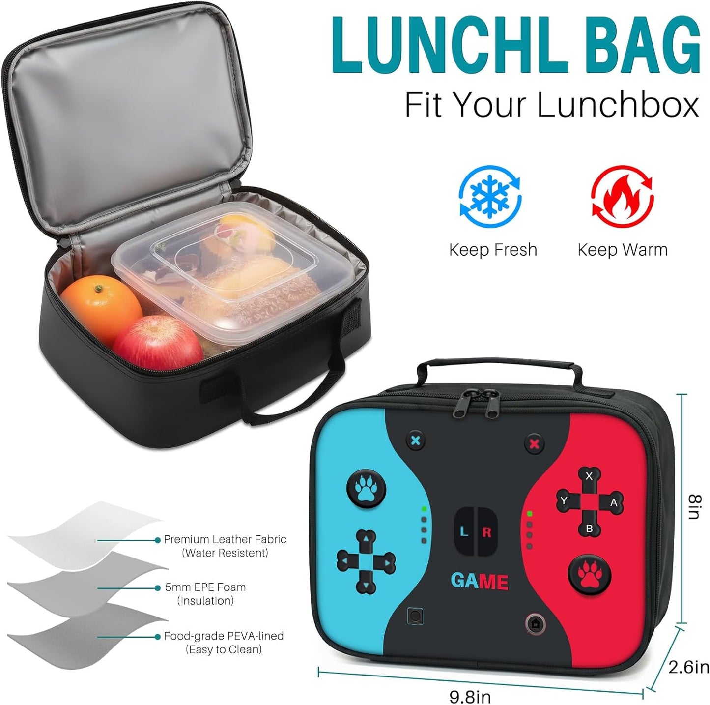 17 Inch Large Capacity Gamer Backpack for Boys - Complete 3pcs Set with Insulated Lunch Box and Zipper Pencil Case, Ideal for Elementary Middle School Teen Boys