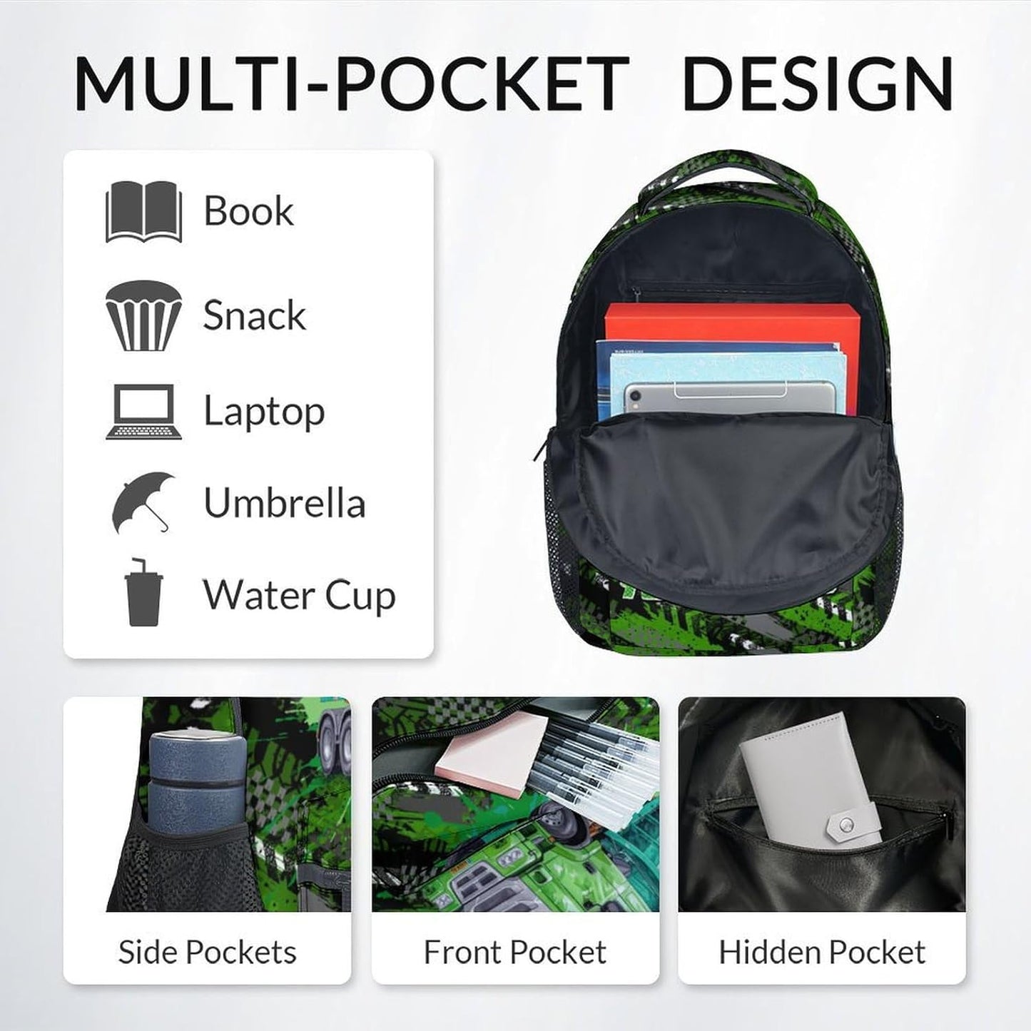 Mercuryelf Boys Backpack with Lunch Box - 17 Inch Garbage Truck Backpacks Set for School - Personalized Cool Bookbag with Lunch Bag and Pencil