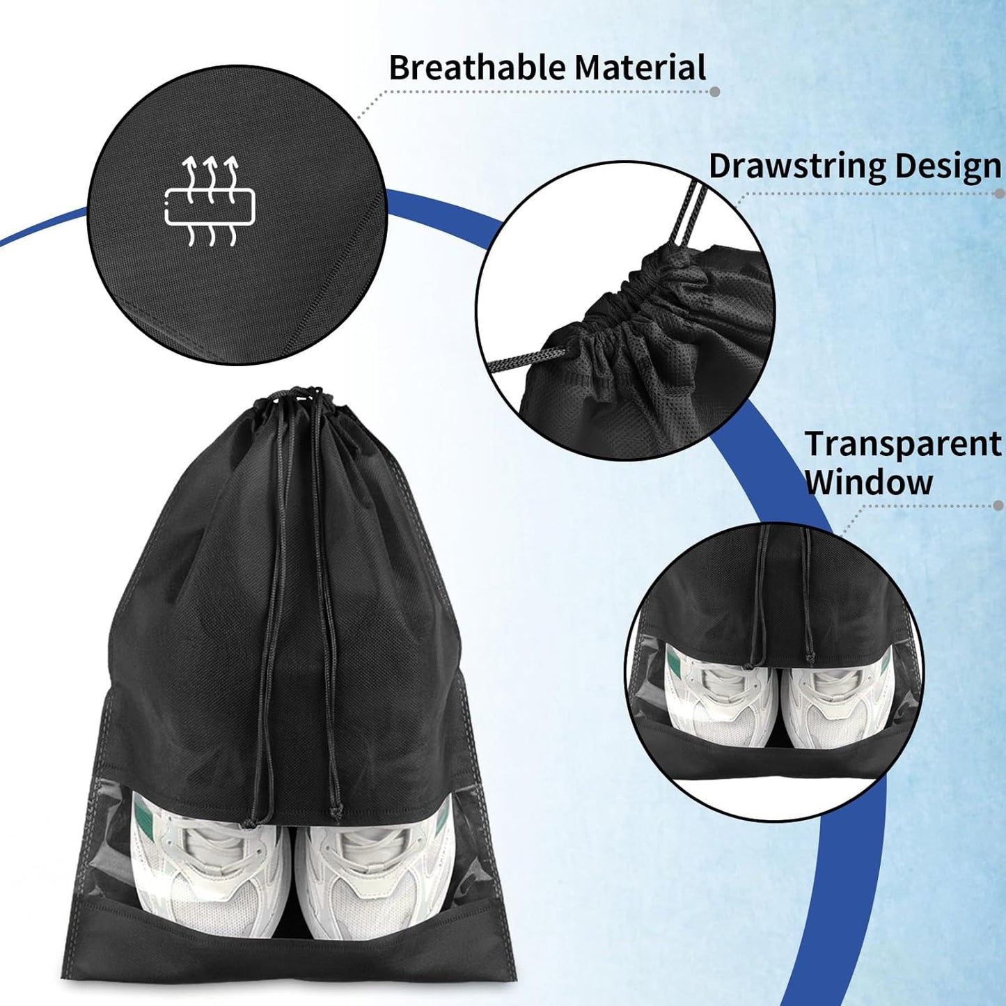 18 Pack Shoe Bags for Travel, Large Travel Shoe Bags for Packing with Clear Window, Dustproof Drawstring Travel Shoe Storage Bags Travel Essentials for Men & Women, Black