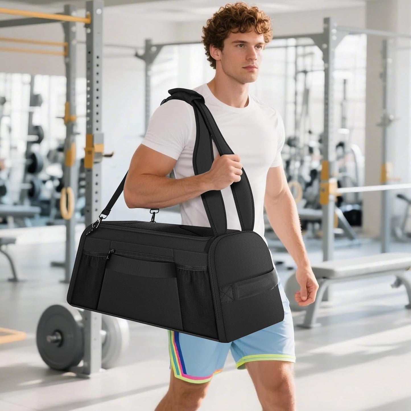 Gym Bag for Women Men, Duffle Travel Bag with Shoes Compartment and Wet Pocket, Waterproof Overnight Carry On Bag Backpack with Two Elastic Bottle Holders for Travel, Workout, Sports, Weekend - MIYCOO