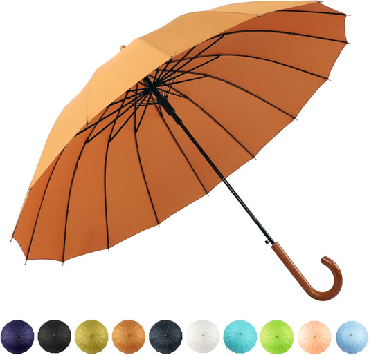SoulRain 16 Ribs 48" Stick Umbrella Auto Open Solid Color Fashionable and Simple，Arc Classic Wood Handle，Windproof Unbreakable Stick Rain Umbrella