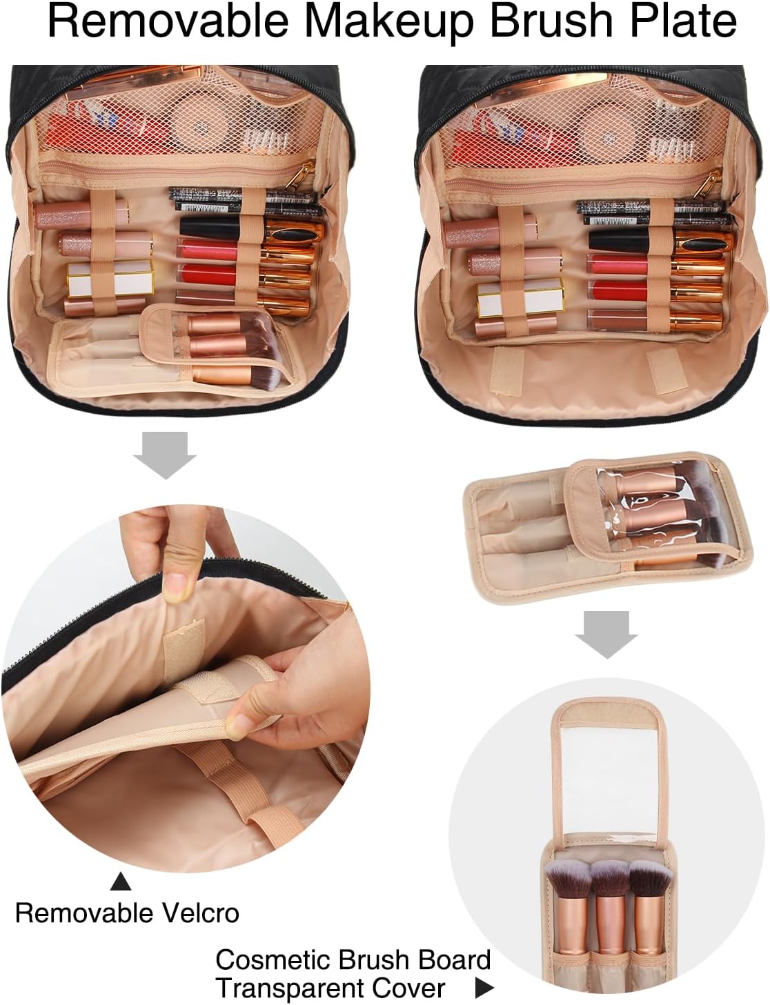 Relavel Travel Makeup Bag, Large Capacity Cosmetic Bag for Women, Waterproof Portable Makeup Pouch with Separate Makeup Brush Board, Wide Open Flat Toiletry Bag - Black