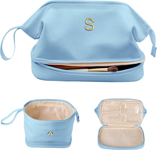 Personalized Gifts, Initial Makeup Bag, Personalized Double Layer Cosmetic Bag with Makeup Brush Organizer, Large Capacity PU Leather Travel Toiletry Bag Bride Gifts, Bridal Party Gifts