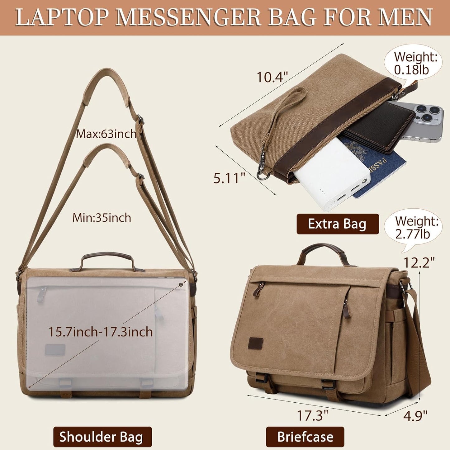17.3 Inch Messenger Bag for Men: 2PCS Laptop Bag PU Leather Canvas Work Briefcase Large Office
