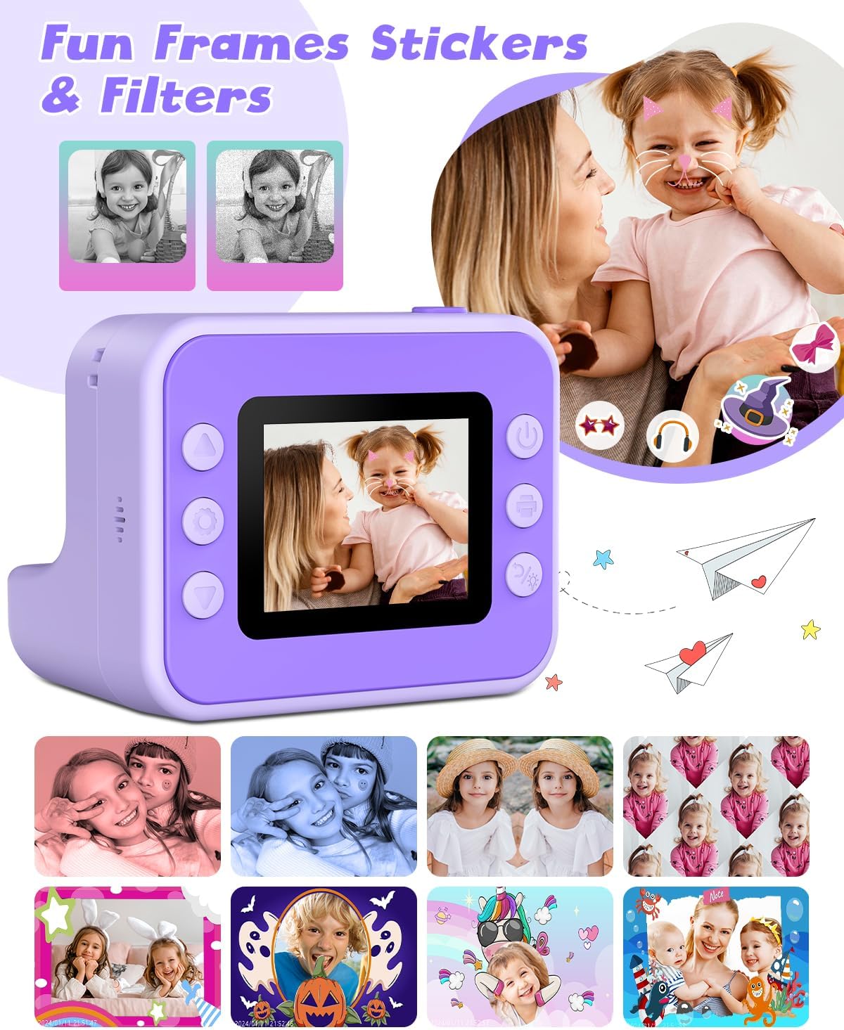 Instant Print Camera for Kids, 1080P Digital Video Cameras, Christmas Birthday Gifts Toys for Age 3-12, Toddler Camera for 4 5 6 7 8 9 10 Year Old Girls - Purple