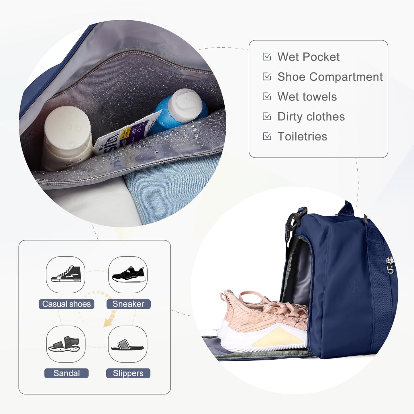 Gym Bag for Women with Shoes Compartment,Small Duffel Bag Sport bag with Toiletry Bag Overnight Travel Tote Bags Weekender Carry on Bag Personal Item Bags for Airlines Dark Blue