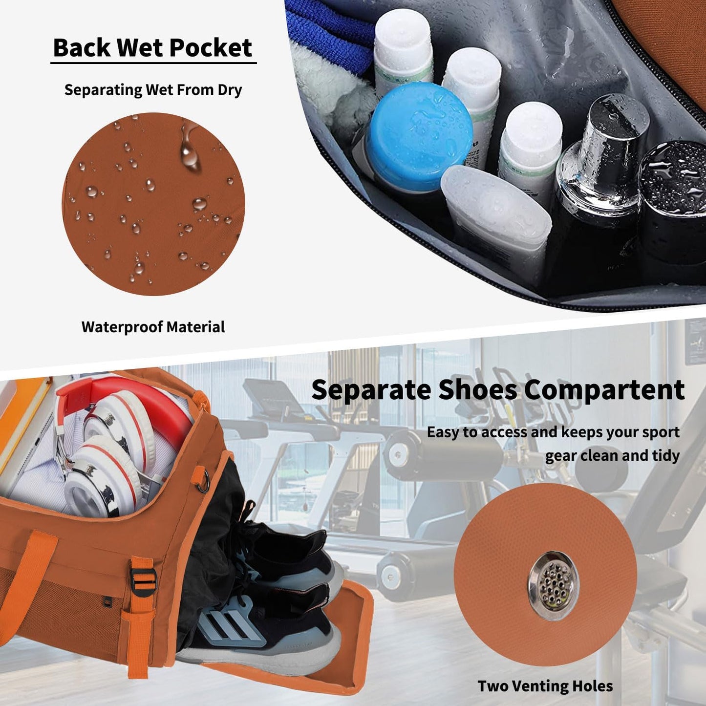 Eackrola Large Sports Gym Bag, Travel Duffel bag with Wet Pocket & Shoes Compartment for men women, 65L, Lightweight（Orange）