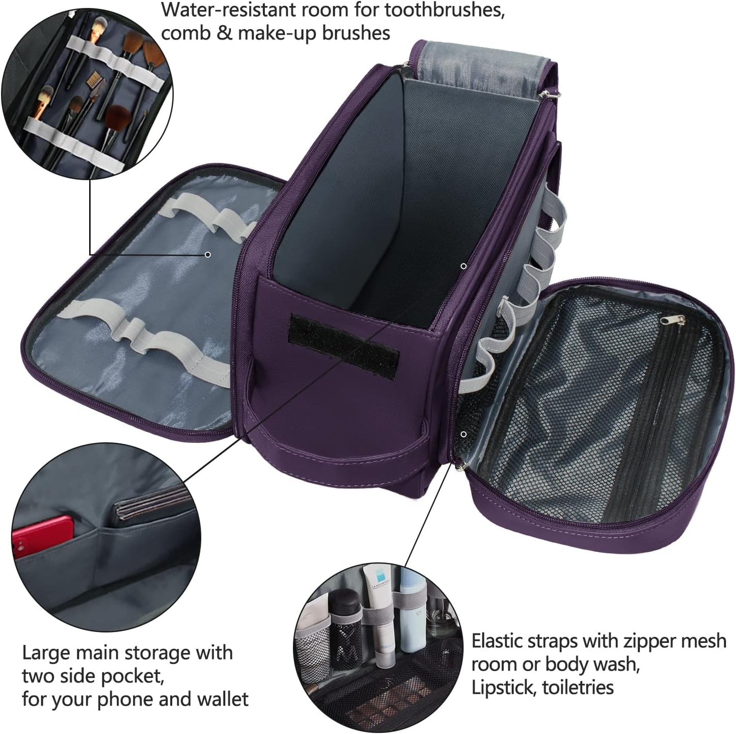 Buruis Extra Large Toiletry Bag for Men & Women, Travel Toiletry Organizer Dopp Kit Water-resistant Shaving Bags, PU Leather Cosmetic Bathroom Shower Bag for Toiletries, Accessories (Purple)