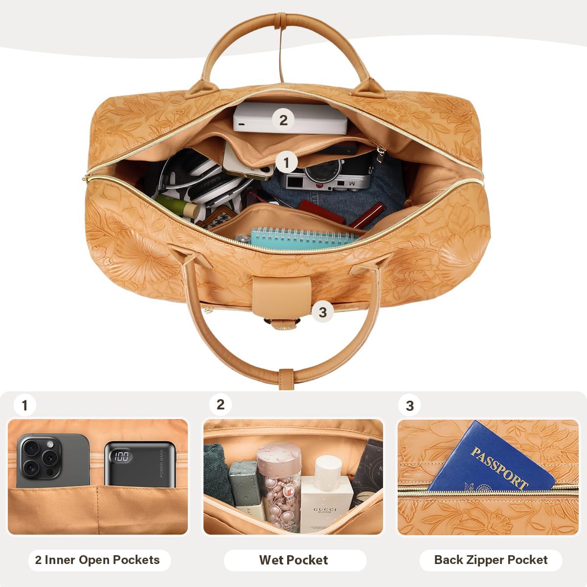 Leather Weekender Bags for Women, Travel Duffel Bag PU Overnight Bag Carry On Tote Bag with Shoe Compartment Wet Pocket