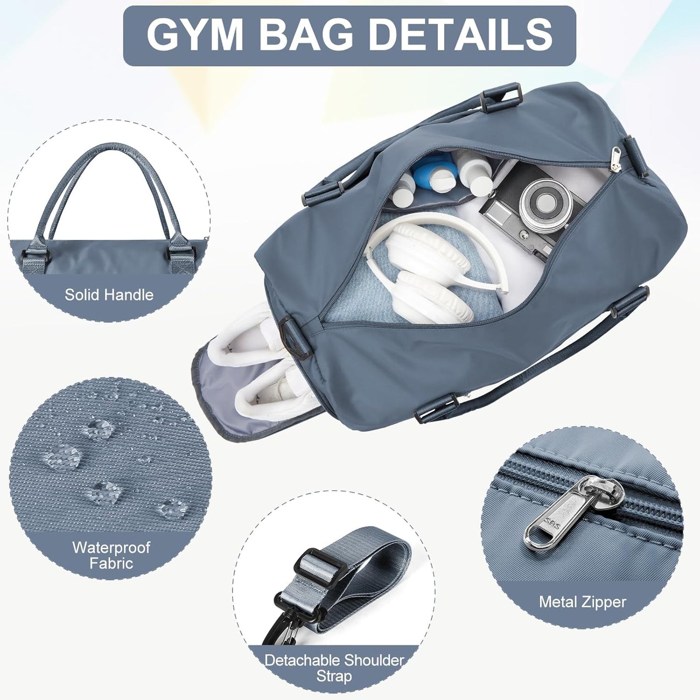 Gym Bag for Women Men with Shoes Compartment,Sports Duffle Bag Personal item travel Duffel Bags Tote Bag Small Carry on Weekender Overnight Bag Workout Dance Bag Hospital Holdalls Grey Blue
