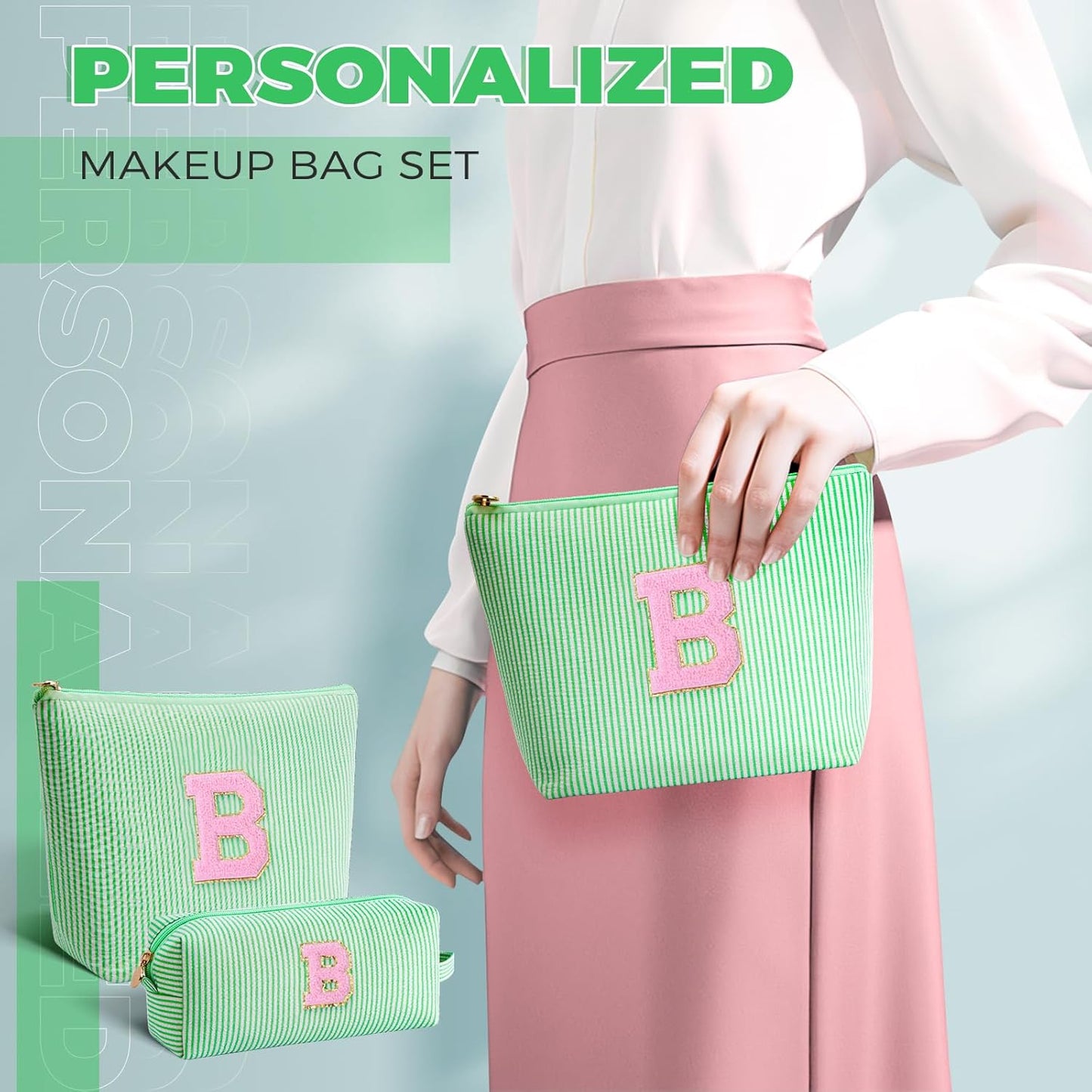 Bridesmaid Gifts Wedding Day - Bridal Shower Gifts,Maid of Honor Gifts,Initials Makeup Bag Set Cosmetic Bag - Green,B