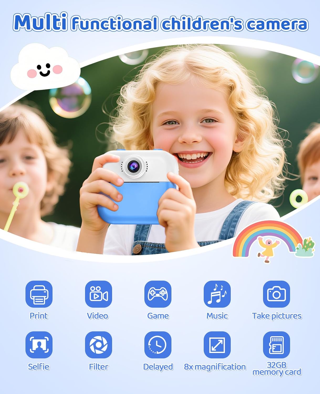 Kids Camera Instant Print for Christmas Birthday Gifts Age 4-12,Front Rear Dual Selfie Camera with 1080P Videos Toddler Portable Travel Toy 6 7 8 9 Year Old Boys Girls-Blue