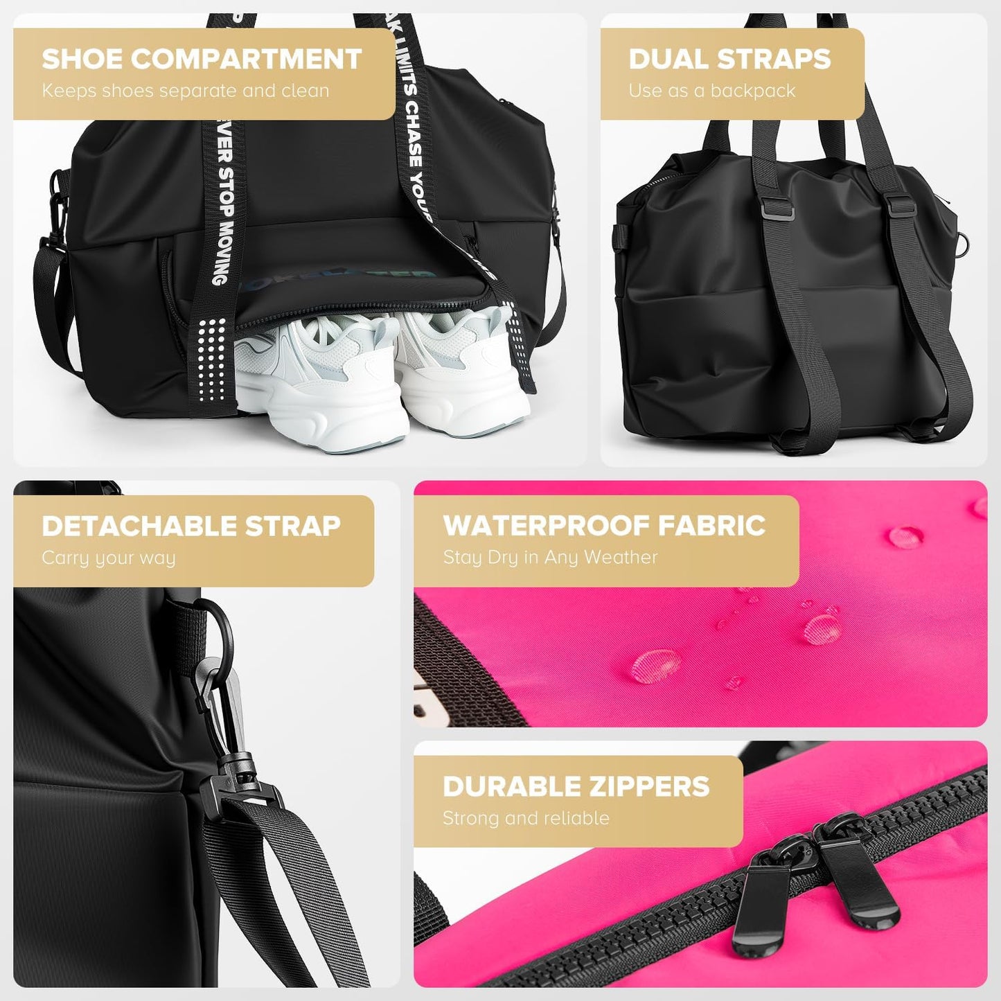 Sport Gym Bag for Women, Carry on Tote Personal Item Bag with Shoes Compartment, Travel Duffle Bag for Girl, Lightweight Overnight Luggage Bag for Travel, Airplanes, Sports - Black