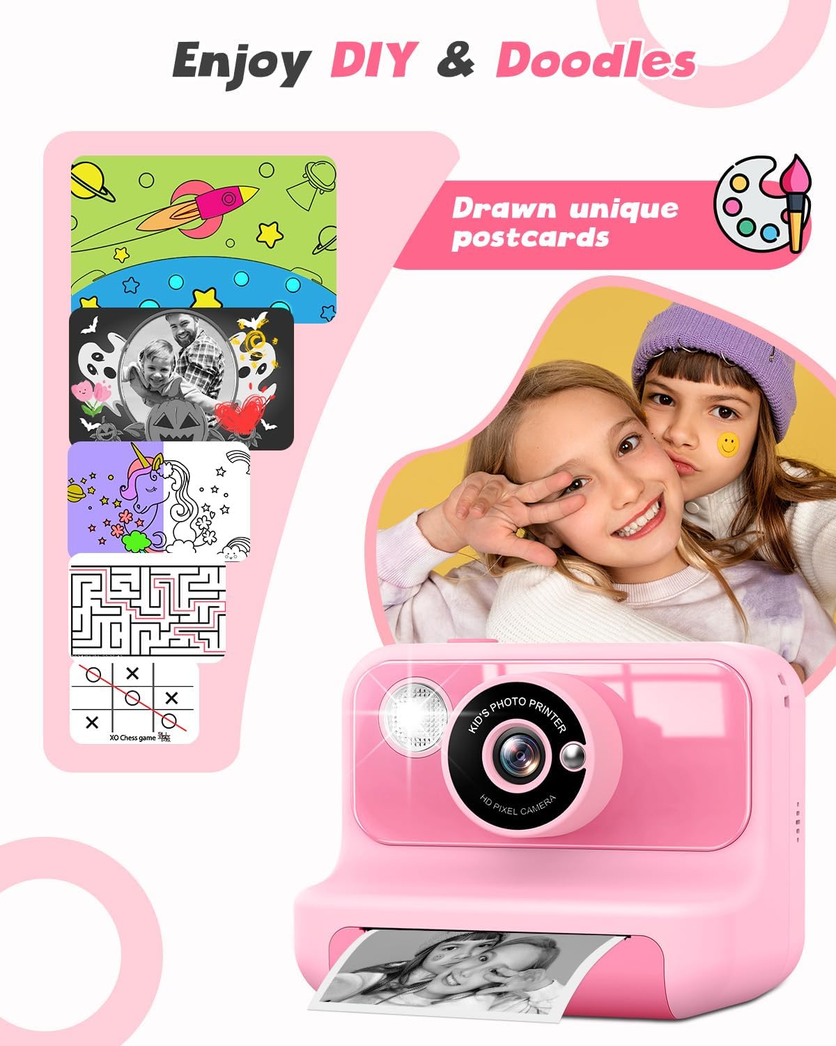 Instant Print Camera for Kids, 1080P Digital Video Cameras, Christmas Birthday Gifts Toys for Age 3-12, Toddler Camera for 4 5 6 7 8 9 10 Year Old Girls - Pink
