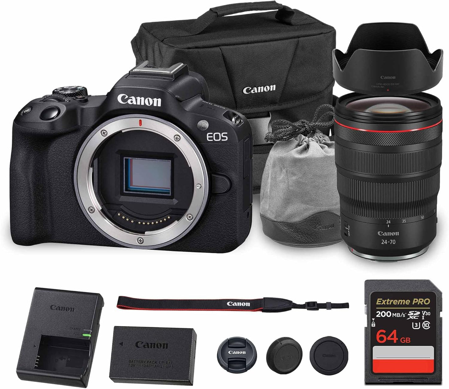 Canon EOS R50 Mirrorless Camera | 24.2MP APS-C, 4K 30p Video, Dual Pixel AF II, 15fps Burst, Vari-Angle Screen, Compact Beginner Vlogging Camera (5811C002) + Canon RF 24-70mm Lens + Bag + 64GB Card