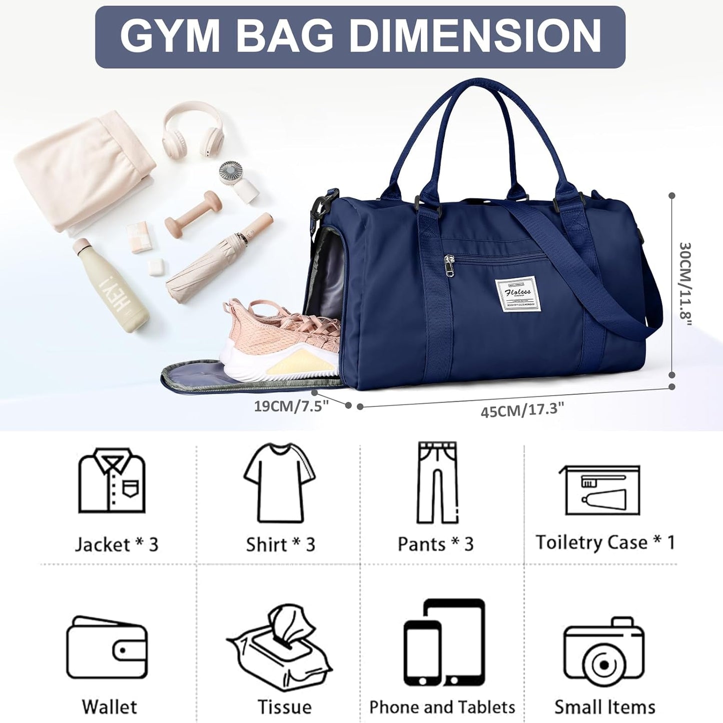 Gym Bag for Women with Shoes Compartment,Small Duffel Bag Sport bag with Toiletry Bag Overnight Travel Tote Bags Weekender Carry on Bag Personal Item Bags for Airlines Dark Blue