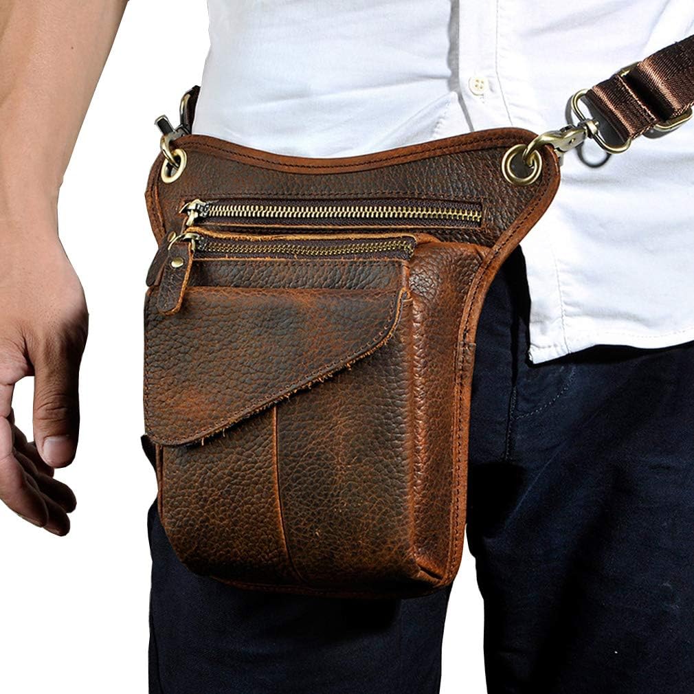 Leather Waist Pack Drop Leg Bag for Men Women Belt Bumbag Multi-Purpose Motorcycle Bike Outdoor Sports Tactical Cycling Riding Hiking Camping Pouch