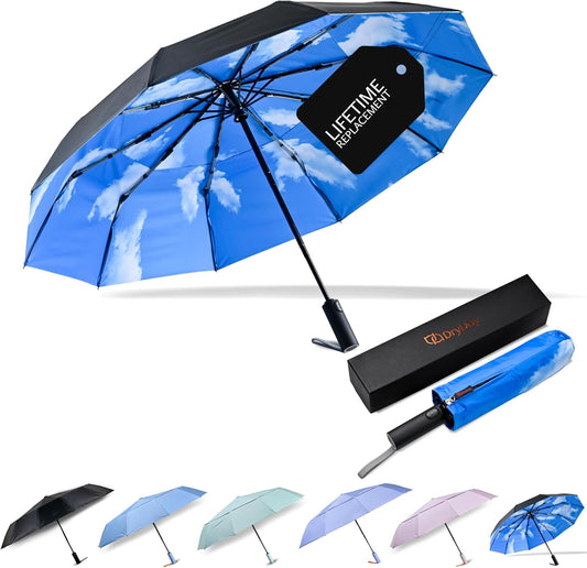 DryDay Travel Umbrellas for Rain - Large Windproof Double Canopy Umbrella, 10 Durable Ribs, Strong Frame, Auto Open Close Ergonomic Handle, Compact Waterproof Umbrella for Women & Men